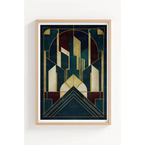 Art Deco Tarzı Geometrik Bina Desenli 3 Parçalı Ahşap Çerçeveli Tablo Seti