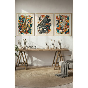 Caz Enstrümanları 3’lü Ahşap Çerçeveli Tablo Seti - Modern Duvar Dekoru 30x42 cm