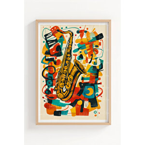 Caz Enstrümanları 3’lü Ahşap Çerçeveli Tablo Seti - Modern Duvar Dekoru 30x42 cm