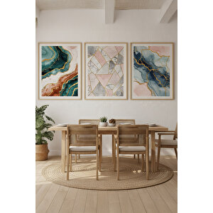 Mermer Desenli 3’lü Ahşap Çerçeveli Tablo Seti - Yemek Odası Dekoru 21x30 cm