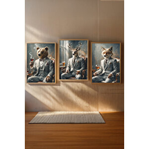 Şık Hayvan Karakterleri 3 Parçalı Ahşap Çerçeveli Tablo Seti 30x42 cm