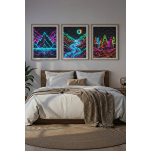 Neon Doğa Manzaraları 3 Parçalı Ahşap Çerçeveli Tablo Seti - Cesur Sanat 30x42 cm