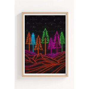 Neon Doğa Manzaraları 3 Parçalı Ahşap Çerçeveli Tablo Seti - Cesur Sanat