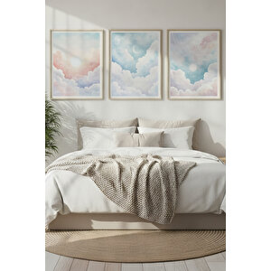 Pastel Bulut Manzarası 3 Parçalı Ahşap Çerçeveli Tablo Seti 50x70 cm