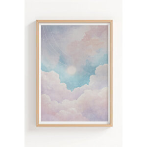 Pastel Bulut Manzarası 3 Parçalı Ahşap Çerçeveli Tablo Seti