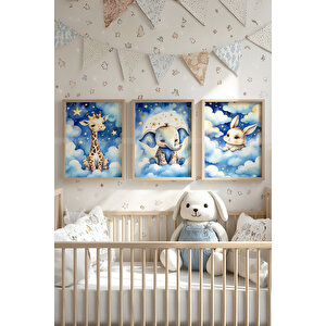 Gökyüzü Dostları 3’lü Ahşap Çerçeveli Dekoratif Tablo Seti 30x42 cm