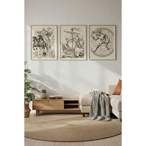 Antik Yunan Mitolojisi 3’lü Ahşap Çerçeveli Tablo Seti - Helios, Odysseus Ve Minotaur 30x42 cm