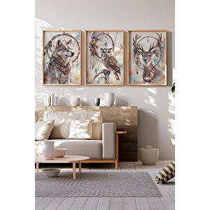 Kurt Baykuş Ve Geyik 3 Parçalı Ahşap Çerçeveli Tablo Seti 50x70 cm