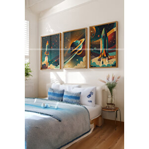 Roket Ve Gezegen Temalı 3'lü Ahşap Çerçeveli Tablo Seti-30x42 30x42 cm
