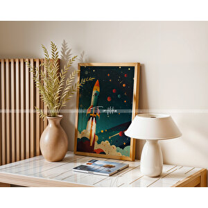 Roket Ve Gezegen Temalı 3'lü Ahşap Çerçeveli Tablo Seti-30x42 30x42 cm