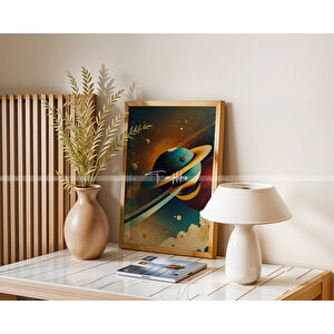 Roket Ve Gezegen Temalı 3'lü Ahşap Çerçeveli Tablo Seti 21x30 21x30 cm