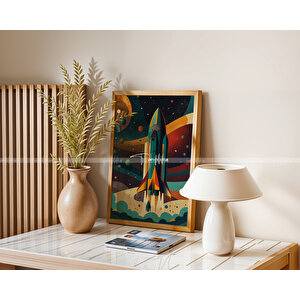 Roket Ve Gezegen Temalı 3'lü Ahşap Çerçeveli Tablo Seti 21x30