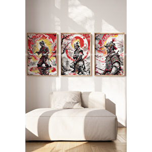Samuray Temalı 3'lü Ahşap Çerçeveli Tablo Seti-21x30 21x30 cm