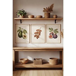 Avokado Hurma İncir 3’lü Meyve Temalı Ahşap Çerçeveli Tablo Seti - Mutfak Dekoru 50x70 cm