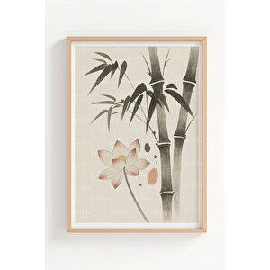 Bambu Ve Lotus Çiçeği 3’lü Klasik Ahşap Çerçeveli Tablo Seti 50x70 cm