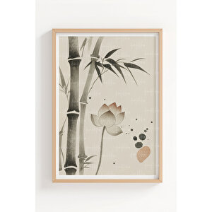 Bambu Ve Lotus Çiçeği 3’lü Klasik Ahşap Çerçeveli Tablo Seti 50x70 cm
