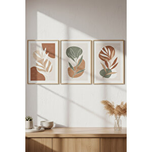 Soyut Yaprak Desenli 3’lü Modern Ahşap Çerçeveli Tablo Seti - Salon Dekoru 30x42 cm