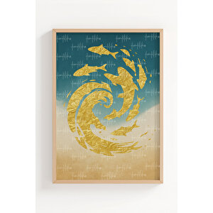 Balık Desenli Soyut 3’lü Ahşap Çerçeveli Tablo Seti - Modern Duvar Dekoru 21x30 cm