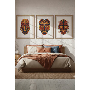 Afrika Maskeleri 3’lü Ahşap Çerçeveli Tablo Seti - Etnik Sanat 30x42 cm