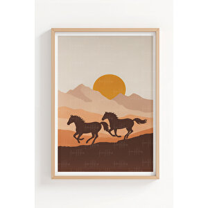 Vahşi Atlar Ve Çöl Manzarası Temalı 3’lü Ahşap Çerçeveli Tablo Seti - Çalışma Odası Dekoru 30x42 cm