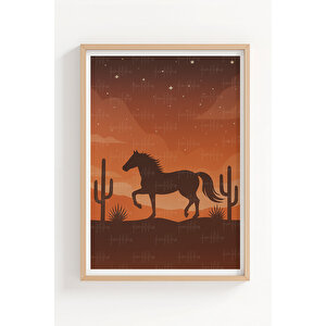 Vahşi Atlar Ve Çöl Manzarası Temalı 3’lü Ahşap Çerçeveli Tablo Seti - Çalışma Odası Dekoru