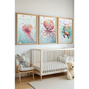 Bebek Ve Çocuk Odası Deniz Canlıları Tema Ahşap Çerçeveli 3'lü Tablo Seti 30x42 cm