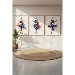 Renkli Balerin 3’lü Ahşap Çerçeveli Tablo Seti - Modern Duvar Dekoru 50x70 cm