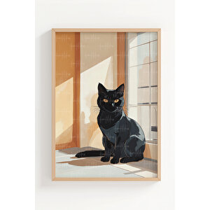 Siyah Kedi 3 Parçalı Ahşap Çerçeveli Tablo Seti 21x30 cm
