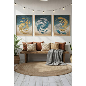 Balık Desenli Soyut 3’lü Ahşap Çerçeveli Tablo Seti - Modern Duvar Dekoru 50x70 cm