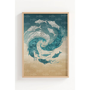 Balık Desenli Soyut 3’lü Ahşap Çerçeveli Tablo Seti - Modern Duvar Dekoru 50x70 cm