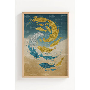 Balık Desenli Soyut 3’lü Ahşap Çerçeveli Tablo Seti - Modern Duvar Dekoru