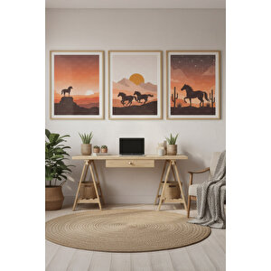 Vahşi Atlar Ve Çöl Manzarası Temalı 3’lü Ahşap Çerçeveli Tablo Seti - Çalışma Odası Dekoru 21x30 cm