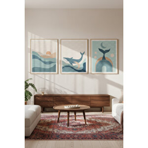 Balina Ve Okyanus 3’lü Doğa Temalı Ahşap Çerçeveli Tablo Seti - Salon Dekoru 21x30 cm