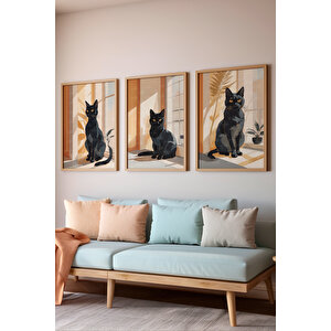 Siyah Kedi 3 Parçalı Ahşap Çerçeveli Tablo Seti 50x70 cm