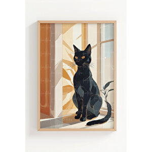 Siyah Kedi 3 Parçalı Ahşap Çerçeveli Tablo Seti