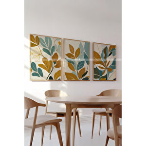 Minimalist Yaprak Desenli 3 Parçalı Ahşap Çerçeveli Tablo Seti -2 21x30 cm