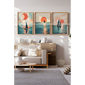 Gün Batımı Yelkenli 3 Parçalı Ahşap Çerçeveli Tablo Seti-2 30x42 cm