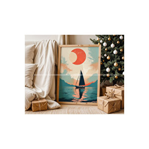 Gün Batımı Yelkenli 3 Parçalı Ahşap Çerçeveli Tablo Seti-2 30x42 cm