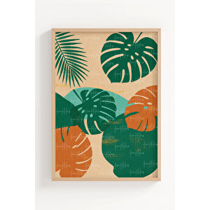 Tropikal Yapraklar 3’lü Modern Ahşap Çerçeveli Tablo Seti - Salon Dekoru 21x30 cm