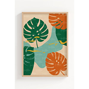 Tropikal Yapraklar 3’lü Modern Ahşap Çerçeveli Tablo Seti - Salon Dekoru 21x30 cm