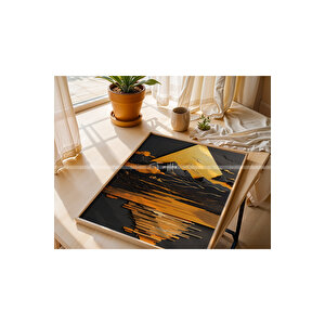 Altın Ay Manzarası 3 Parçalı Ahşap Çerçeveli Tablo Seti-2 21x30 cm