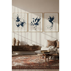 Turna Kuşları 3’lü Soyut Ahşap Çerçeveli Tablo Seti 50x70 cm