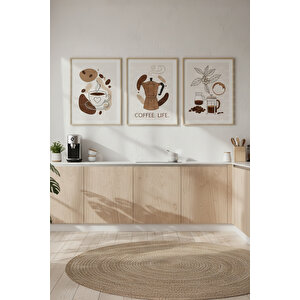 Minimalist Kahve İllüstrasyonu 3’lü Ahşap Çerçeveli Tablo Seti 21x30 cm