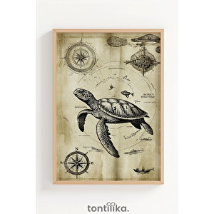Vintage Deniz Canlıları 3 Parçalı Ahşap Çerçeveli Tablo Seti 50x70 cm