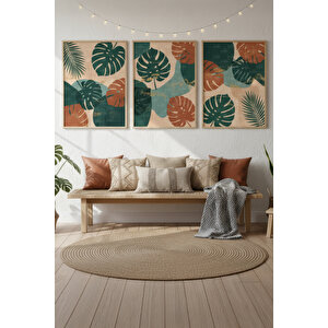 Tropikal Yapraklar 3’lü Modern Ahşap Çerçeveli Tablo Seti - Salon Dekoru 30x42 cm