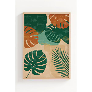 Tropikal Yapraklar 3’lü Modern Ahşap Çerçeveli Tablo Seti - Salon Dekoru