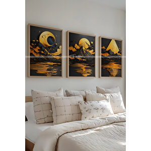 Altın Ay Manzarası 3 Parçalı Ahşap Çerçeveli Tablo Seti-2 30x42 cm