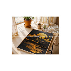 Altın Ay Manzarası 3 Parçalı Ahşap Çerçeveli Tablo Seti-2 30x42 cm
