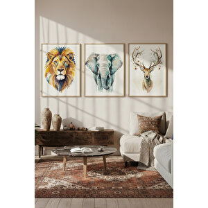 Aslan Fil Ve Geyik Suluboya 3 Parçalı Ahşap Çerçeveli Tablo Seti 21x30 cm