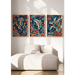 Deniz Canlıları Ve Çiçek Desenli 3 Parçalı Ahşap Çerçeveli Tablo Seti 21x30 cm